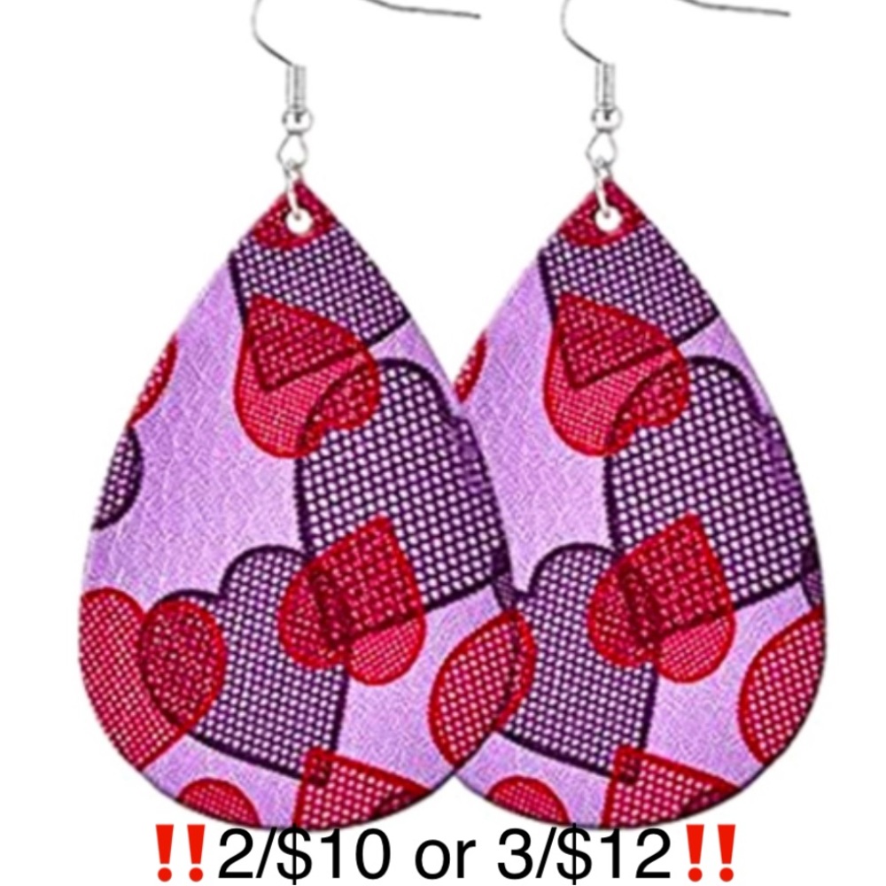 Purple Multicolor Heart Faux Leather Teardrop Shaped Valentine’s Day Earrings